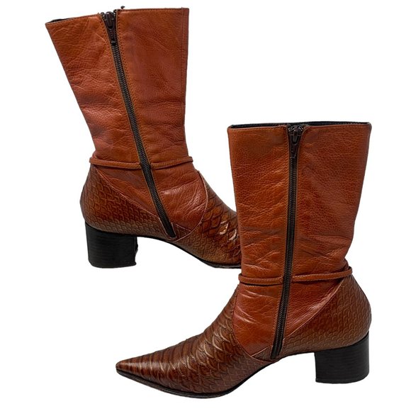 Pour L'Amour Italian Cognac‎ Leather Pointed Mid Calf Zip Boots - Picture 10 of 15